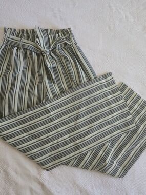 Sienna Sky Striped Paperbag Waist Wide-Leg Linen Pants White Beige Black Size S